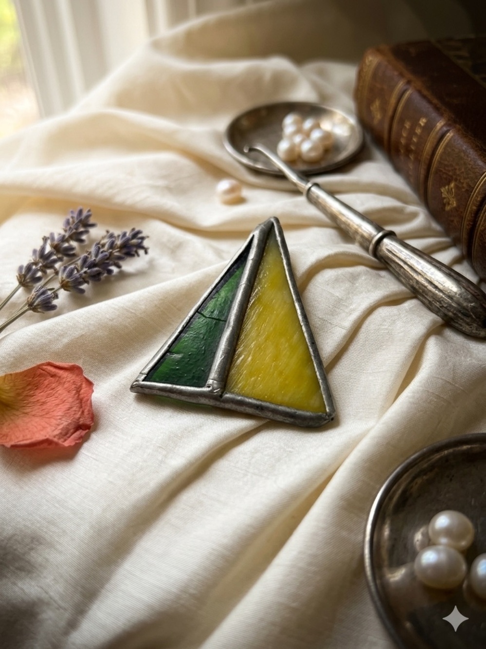 Vintage Handmade Stained Glass Sailboat Brooch Pin • Green & Yellow Nautical